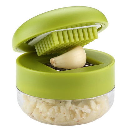 DOSMAMZ 2PCS Garlic Presses, Garlic Chopper, Stainless Steel Blades Cutter, Crusher, Mincer, and Storage Container - Includes 2PCS mini Brushes - Suitable for both Home and Camping – (Green)