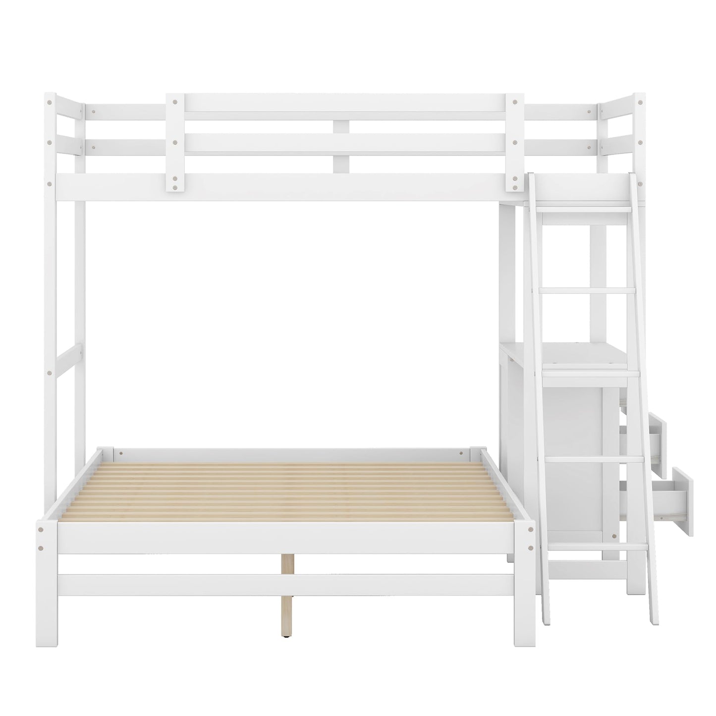 YOPTO Twin Over Full Bunk Bed with Built-in Desk and Three Drawers,Pine Wood Convertible Twin Over Full L-Shaped Loft Bunk Bed Frame for Kids Teens Adults,White