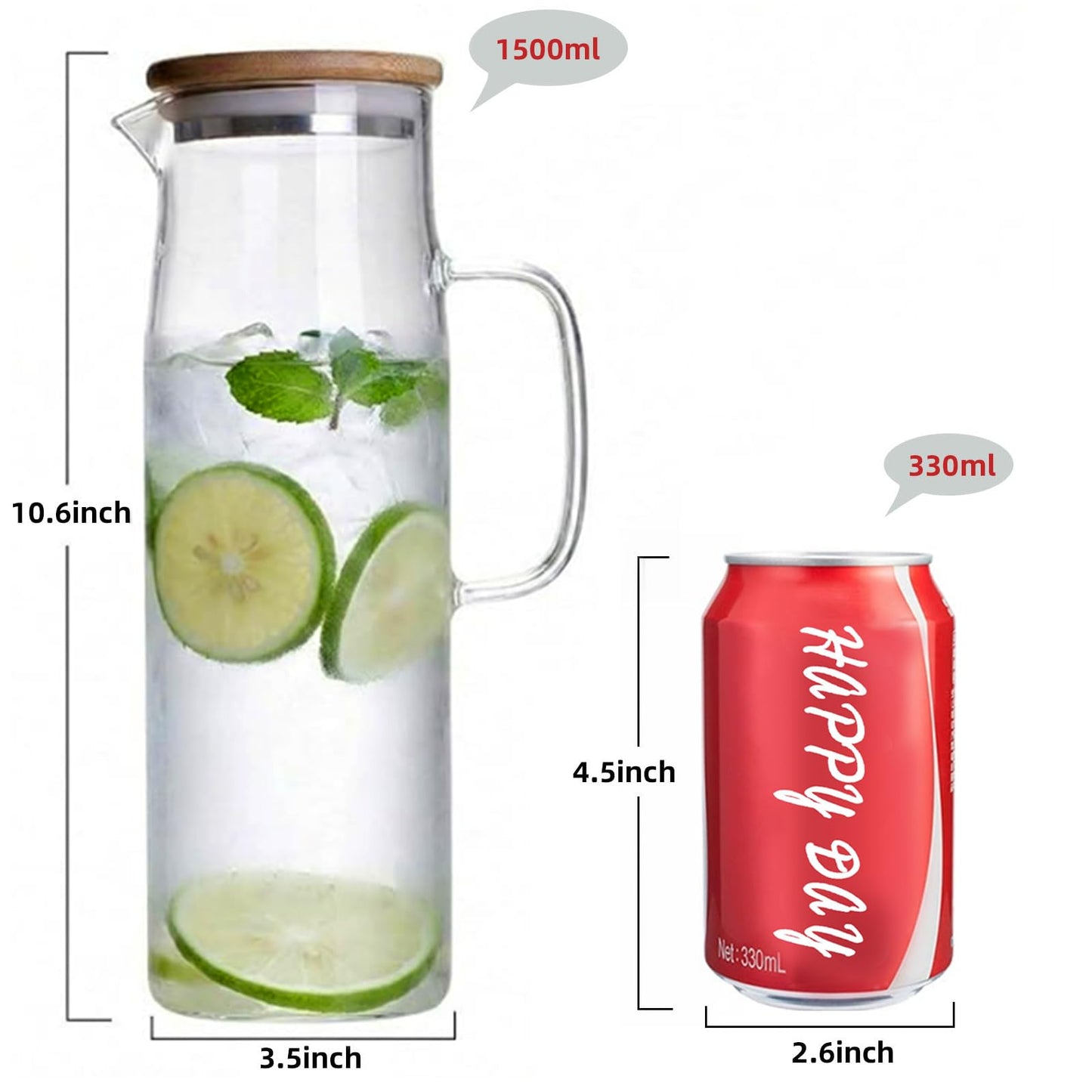 hjn Glass Pitcher with Lid Glass Water Carafe with Handle, Fridge Water Jug Cold or Hot Beverages, Iced Tea, Milk, Juice 1500ml/51oz &