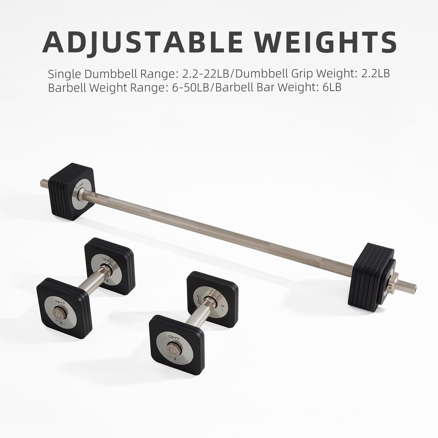DHT Adjustable Dumbbells, Wall-Mounted Dumbbell Barbell Set with Rack, Free Weights Dumbbells, All-Purpose Fitness, Anti-Rolling, Weights Set for Home, Gym, Office, 2.2-50 lbs, 2 in 1 Black