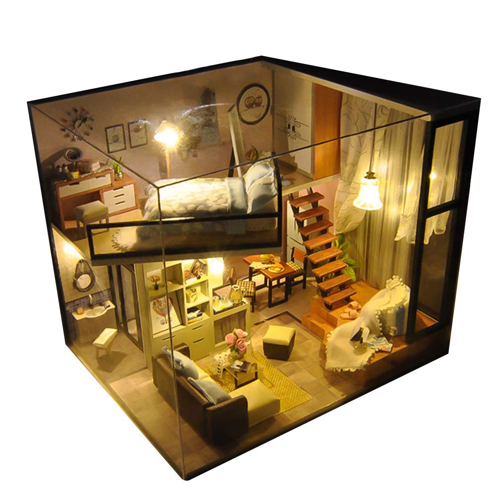 UniHobby DIY Dollhouse Kit with Dust Proof Cover 1:24 Scale Wooden Toy Gift