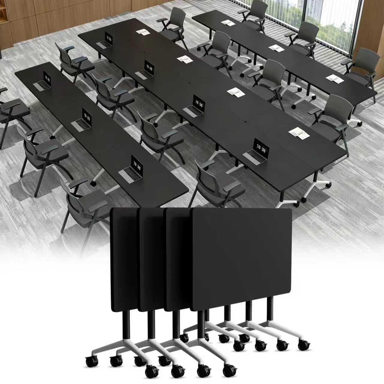 Folding Conference Room Table with Wheels,Flip Top Modular Training Meeting Table,Stackable Mobile Conference Table,Wooden Top Sturdy Frame,Space Saving,for Office,Classroom (4Pack, black, 47.2in)