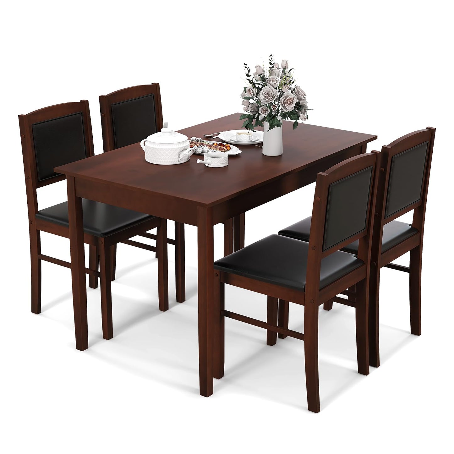 Tangkula Dining Table Set for 4, Farmhouse Solid Wood Dinette Set w/Rubber Wood Legs, Upholstered Seat & Padded Backrest, Mid-Century Modern Dining Table and Chairs Set for Kitchen, Dining Room