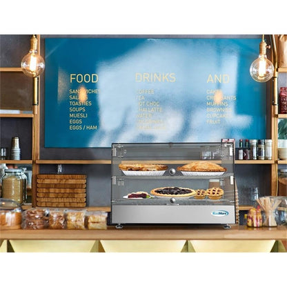 Pemberly Row Glass Countertop Display Warmer, 17 Cu. Ft., 22 in, Stainless Steel Frame, Silver Finish, Tempered Glass Panels, Self-Serve Double Doors, Adjustable Temperature Control 85-185°F for