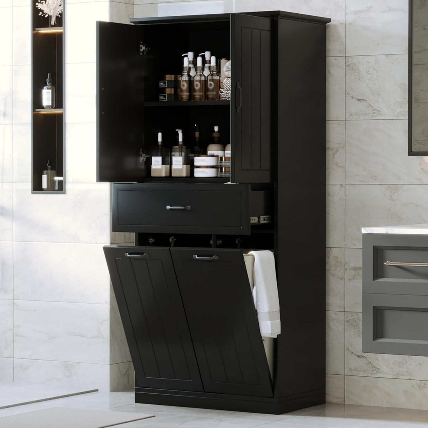 Virubi Tall Tilt Out Laundry Cabinet with 2 Tilt Out Laundry Hamper, Wood Bathroom Storage Cabinet with Doors,Drawers and Adjustable Shelves Freestanding (Black)