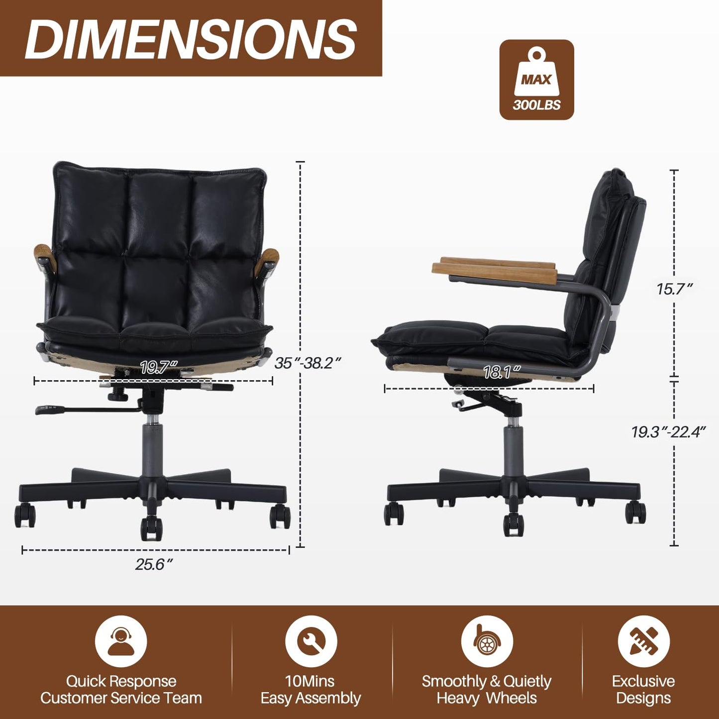 PELLEBAR Home Office Desk Chair, Ergonomic Mid-Century Modern Genuine Leather Chair with Oak Armrest, Executive Rolling Swivel Adjustable Task Armchair for Adults, Black