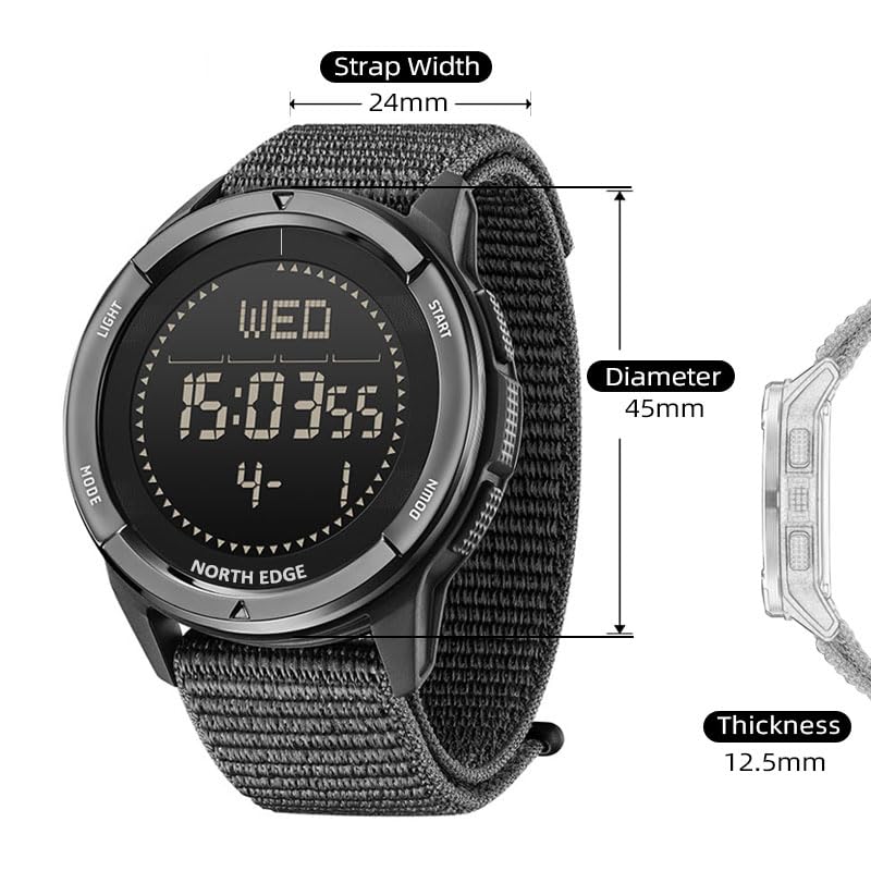 NORTH EDGE Military-Watch for Men - Tactical Survival Watch, Men's Women's Digital Wrist Watches for Sports Outdoors, Pedometer, Compass, Calories, Durable Nylon Band (Black, Nylon Band)