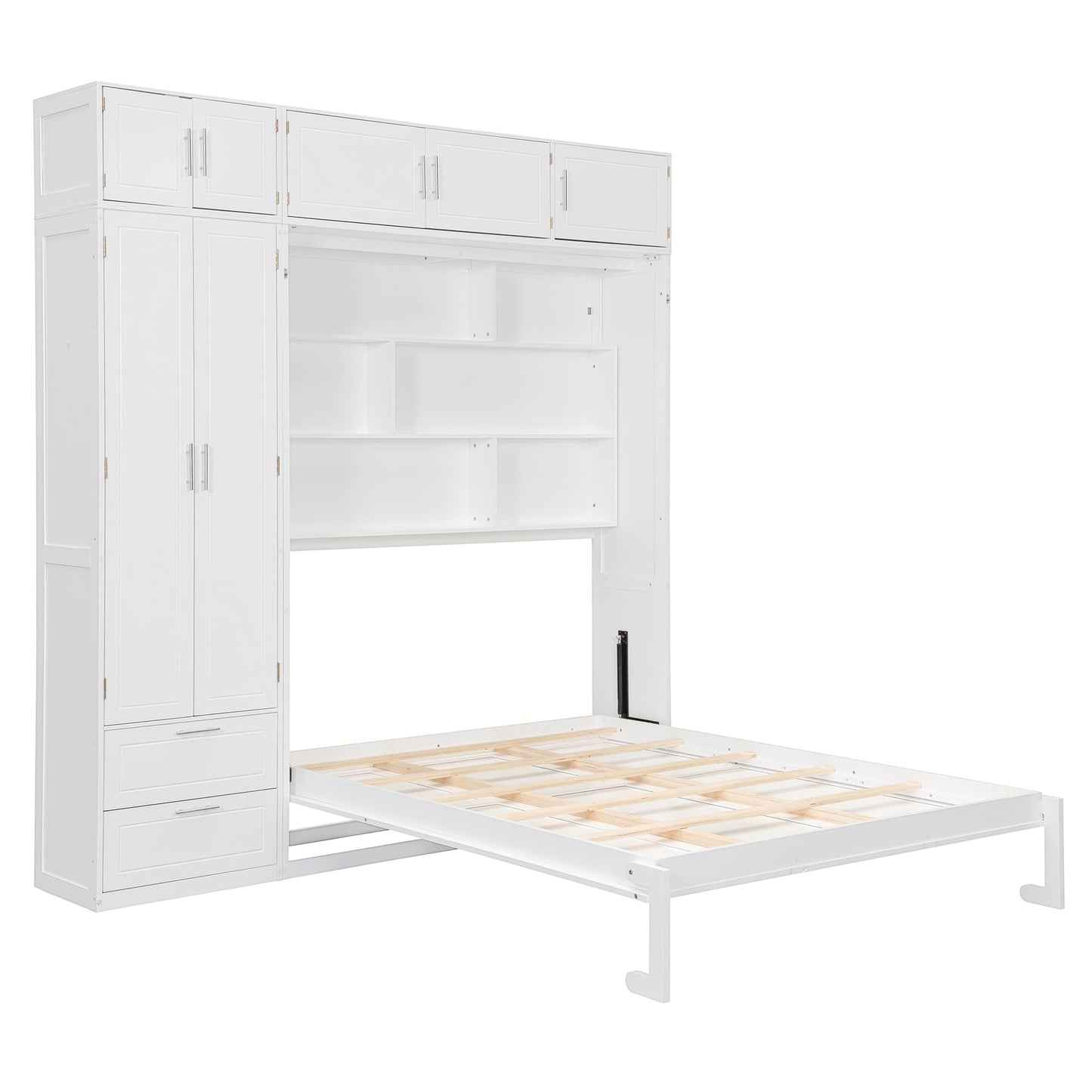 Merax Queen Size Murphy Bed with Top Cabinet, Shelves and Wardrobe, Fold into The Wall, Space-Saving Design, Multifunctional Foldable Platform Bed Frame for Bedroom, Guest Room, Home Office, White
