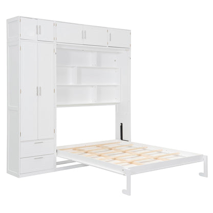 Merax Queen Size Murphy Bed with Top Cabinet, Shelves and Wardrobe, Fold into The Wall, Space-Saving Design, Multifunctional Foldable Platform Bed Frame for Bedroom, Guest Room, Home Office, White