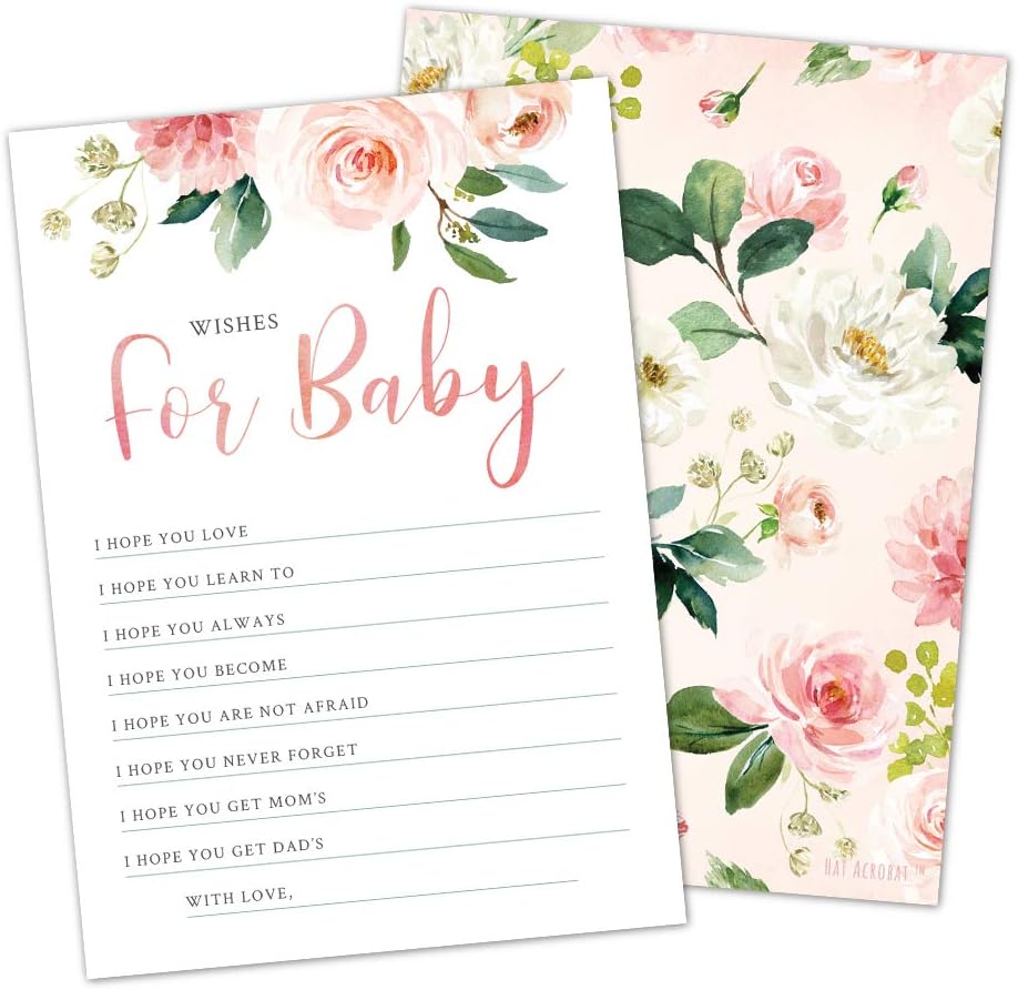 Hat Acrobat Set of 50 Wishes for Baby Cards for Baby Shower - Cute Floral Baby Shower Games, Blush Pink