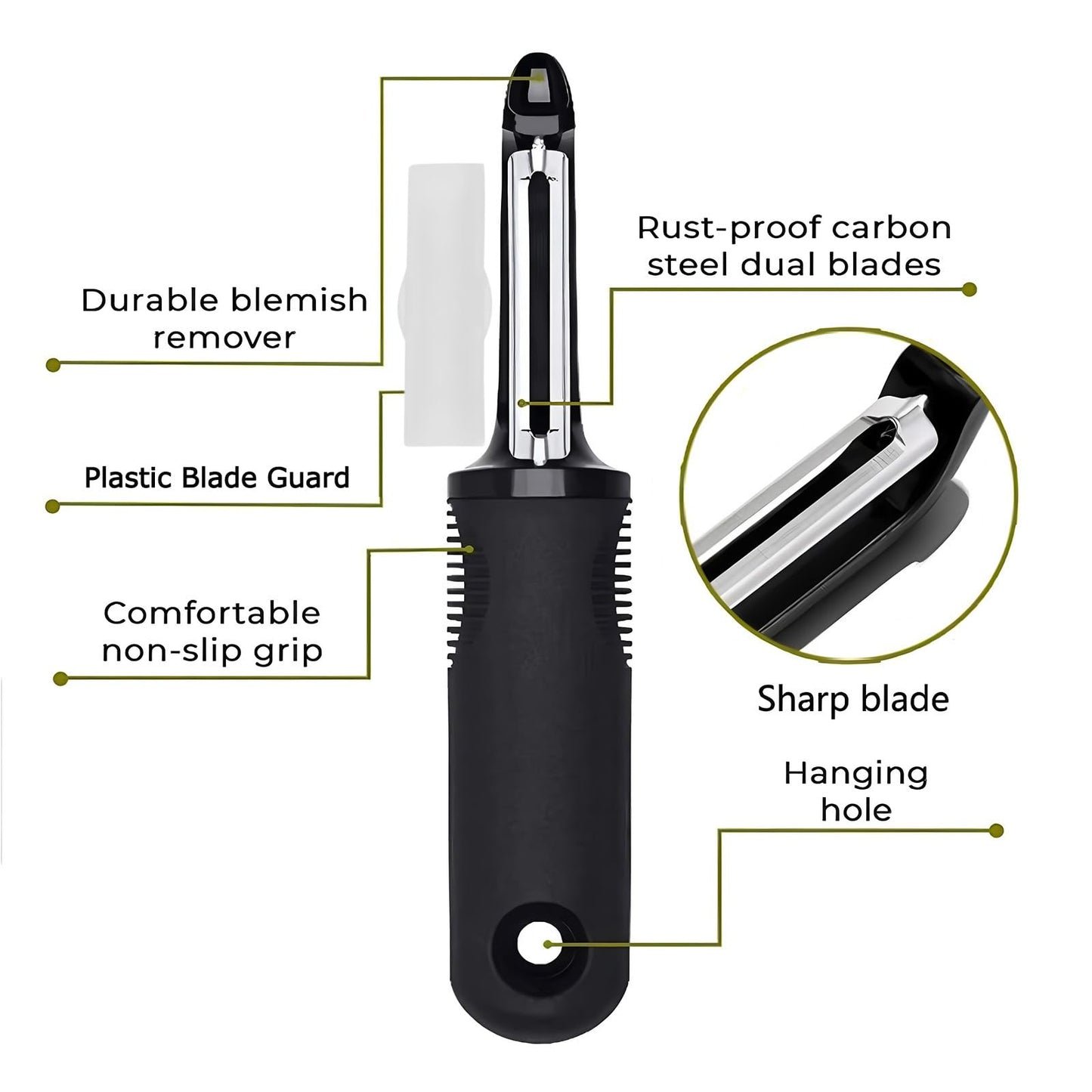 ANMIOU Swivel Vegetable Peeler with Non-Slip Ergonomic Handle, Rust-Proof Steel Blades, Built-in Potato Eye Remover, Plastic Blade Guard, Kitchen Peeler for Potato, Carrot, Apple, Veggie, Fruit, Black