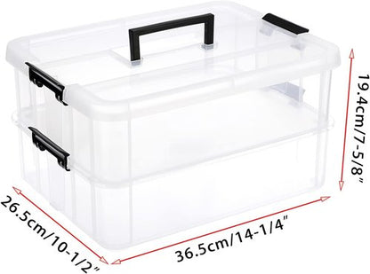 JUXYES Stackable Storage Box - 2-Tier Transparent Bin with Handle for Office & School Supplies