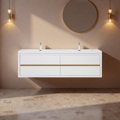 Trygoal 72" Bathroom Vanity with Sink, Floating Vanity with Resin Countertop & 4 U-Shaped Interiors, Wall-Mounted Bathroom Storage Cabinet with Soft-Close Drawers for Home, Easy to Clean, Glossy White