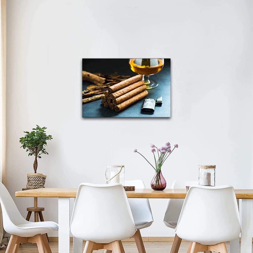 Whiskey Wall Art Cigar Prints with Cigarette Lighter for Living Room, Modern House Decor Framed 12"Wx18"H
