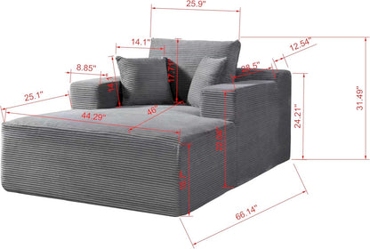 Container Furniture Direct Monroe Convertible Chaise Lounge Chair Indoor – Oversized Corduroy Couch with Wide Armrest & Throw Pillows, Cozy Boneless Sleeper Sofa Bed Armchair, Beige