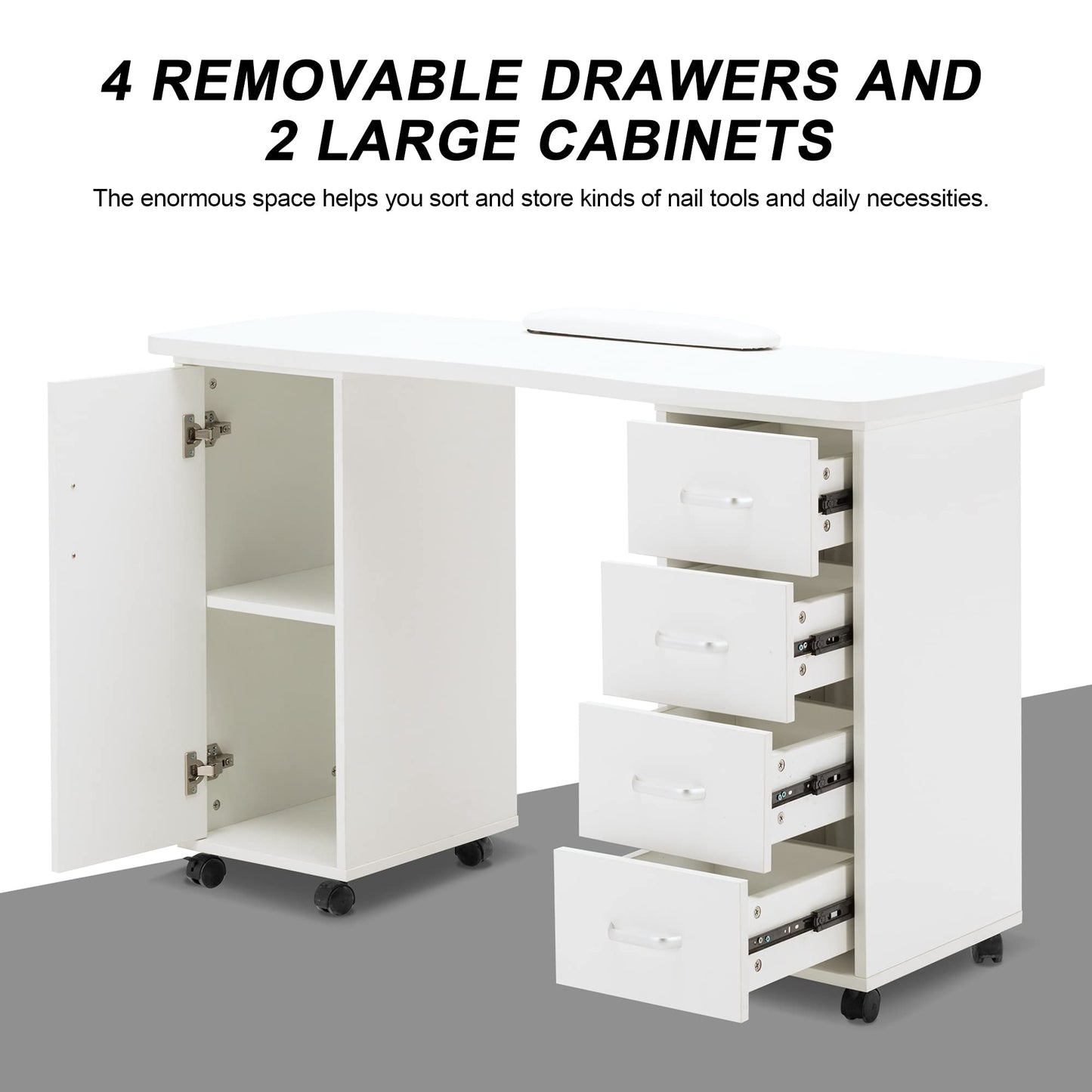 BarberPub Manicure Table - Acetone Resistant Nail Desk with 4 Drawers, 2 Cabinets, Lockable Wheels, Wrist Pad for Nail Tech, Beauty Salon - White