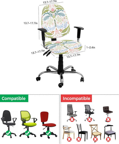 Green Blue Pink Floral Office Chair Cover, Stretchable Computer Chair Seat Cover, Backrest Slipcovers, Rustic Ethnic