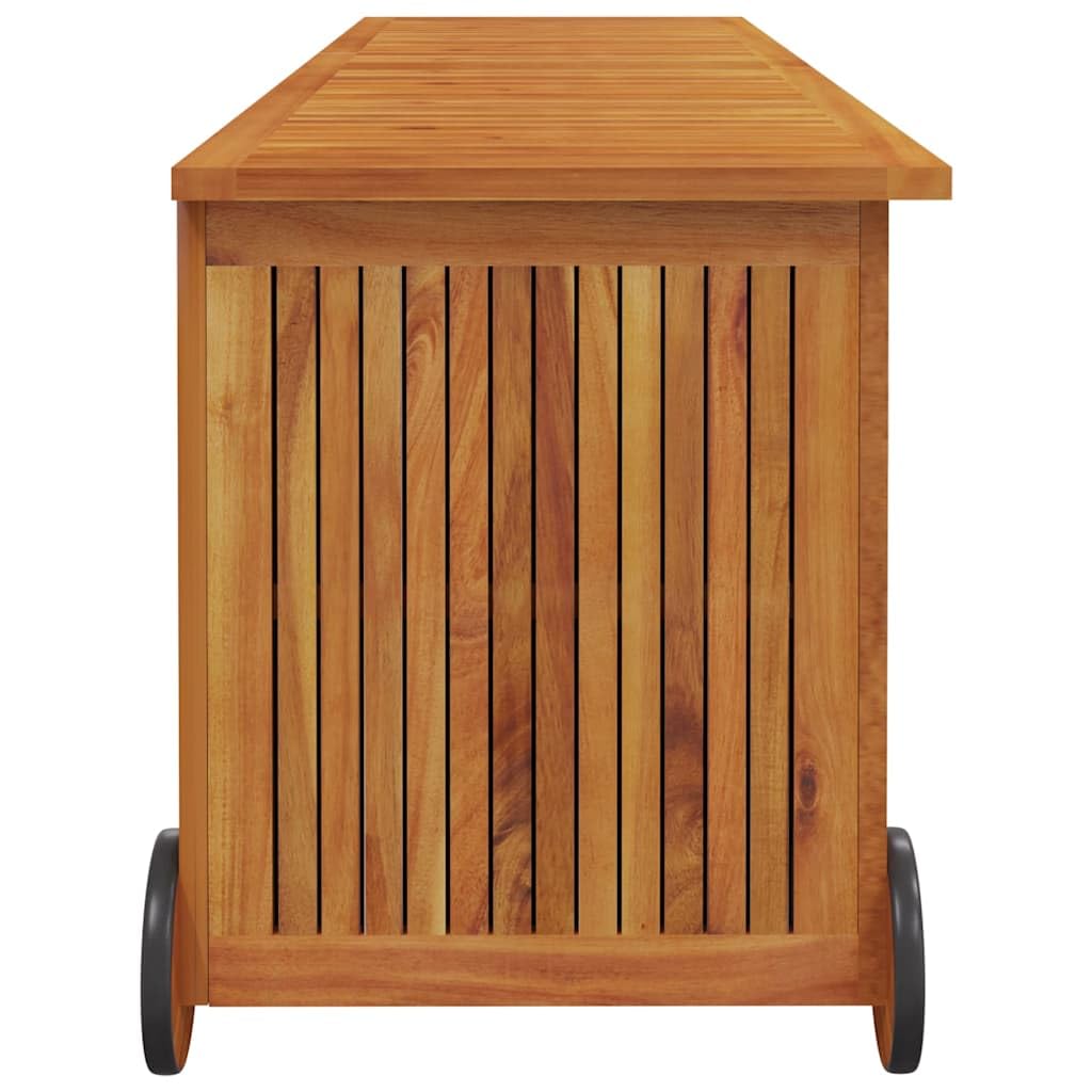 Kalmrek Patio Storage Box with Wheels Solid Acacia Wood 59.1"x19.7"x22.8" Zippered Inner Bag Outdoor Deck Garden Yard Porch Storage Chest Bench for Cushions Toys Tools