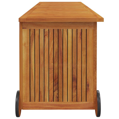 Kalmrek Patio Storage Box with Wheels Solid Acacia Wood 59.1"x19.7"x22.8" Zippered Inner Bag Outdoor Deck Garden Yard Porch Storage Chest Bench for Cushions Toys Tools