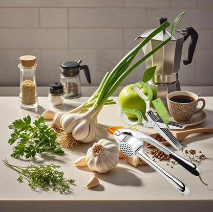 Garlic Press and Herb Scissors Set, 6 Pieces with Garlic mincer and Multipurpose Scissors, Rustproof Tools for Kitchen Use. (Silver+Green)