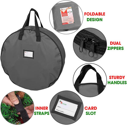 Primode Wreath Storage Bag - Heavy Duty 600D Oxford Polyester with Handles | 30" Gray Xmas Holder