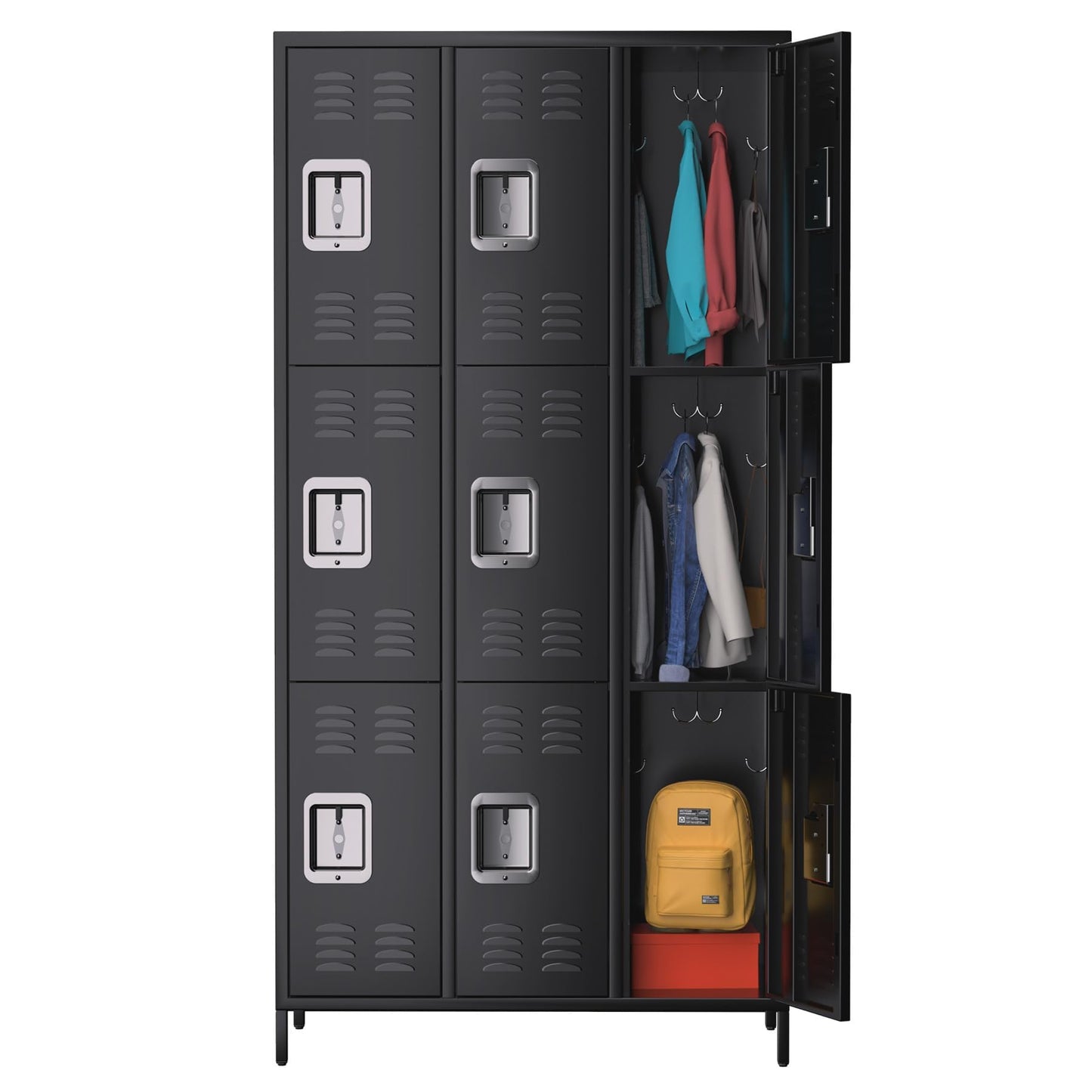 MERXENG Metal Storage Locker with 9 Doors, Metal Locker for Employees with 18 Hooks for Garage School Office Gym Home, Assembly Required, Black