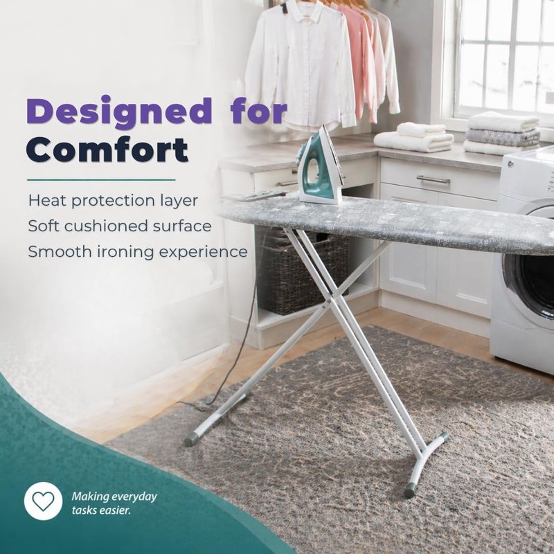 Laundry 360 Ironing Board Cover with Pad Grey Color | Elastic Edge Hook Loop Fasteners | Scorch Resistant Cotton Surface | Complete Replacement Set