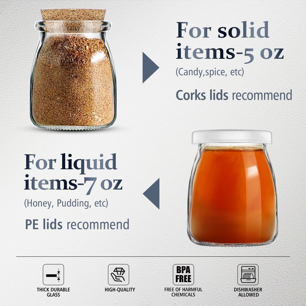 7oz 20 Pack Folinstall Small Glass Jars with Cork Lids, Yogurt Container with PE Lids for Candy, Cake, Pudding, Yogurt