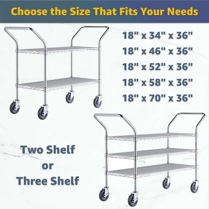 18" x 46" x 36" Commercial Chrome Utility Cart - NSF Heavy-Duty 2-Shelf Rolling Cart with Handles, 900 lb, Service and Supply Cart with Casters for Restaurant, Catering, Kitchen Use