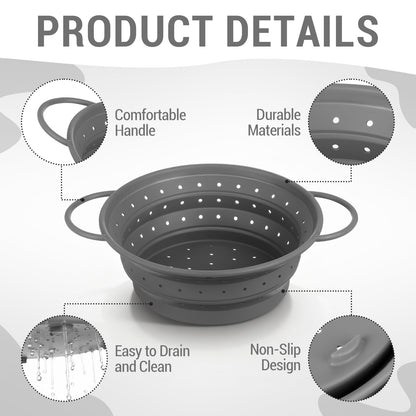 Afarnook 3 Pack Collapsible Colander with Strainer Bowl Set, 11 & 13 In BPA-Free Silicone Colanders for Kitchen, Heat-Resistant Space-Saving Strainer Dishwasher Safe Baskets for Vegetable Fruits(Grey)