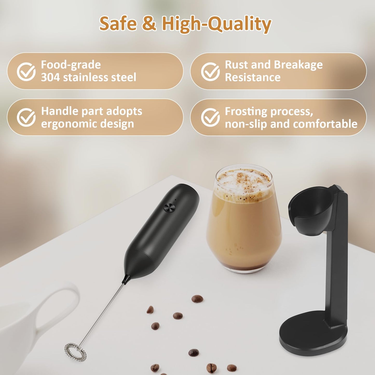 Rechargeable Milk Frother Handheld USB Type-C, Powerful Electric Foam Maker with Stand, Mini Drink Mixer for Coffee Latte, Cappuccino, Mocha, Macchiato, Frappe and Protein Powder
