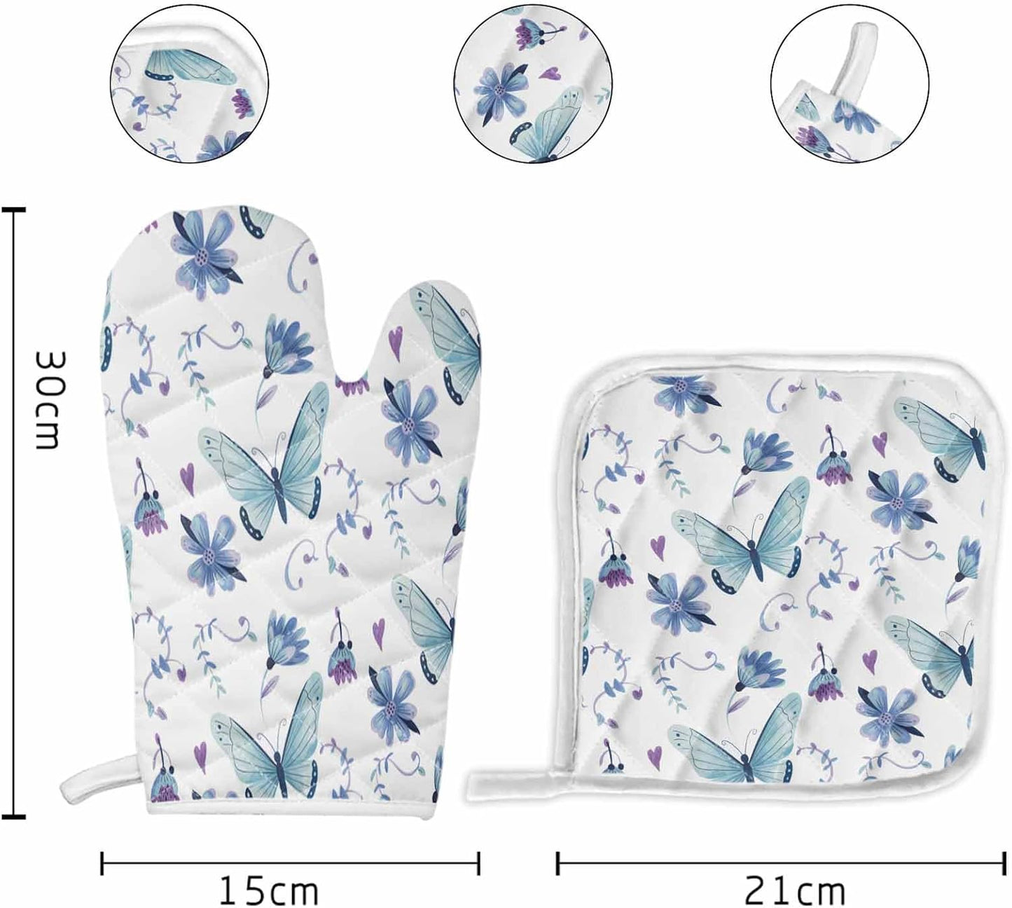 Chic D Kitchen Oven Mitts Gloves and Pot Holders Sets, Blue Butterfly Flowers Heat Resistant Non-Slip for Cooking, BBQ,
