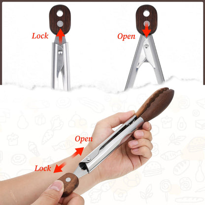 Oqqlin 2 Pcs Wooden Tongs for Cooking, 9 & 10 Inch Durable Salad Tongs with Walnut Wood Tip Multifunctional Stainless Steel Handle Kitchen Tong for Serving Food, Bread, BBQ, Tossing Salad - Lock Dsign