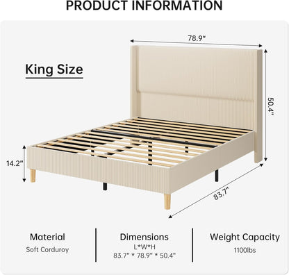 GarveeHome King Size Bed Frame, Upholstered Platform Velvet King Bed Frame with Vertical Channel Tufted Wingback Headboard, Strong Wooden Slats, No Box Spring Needed, Easy Assembly, Beige