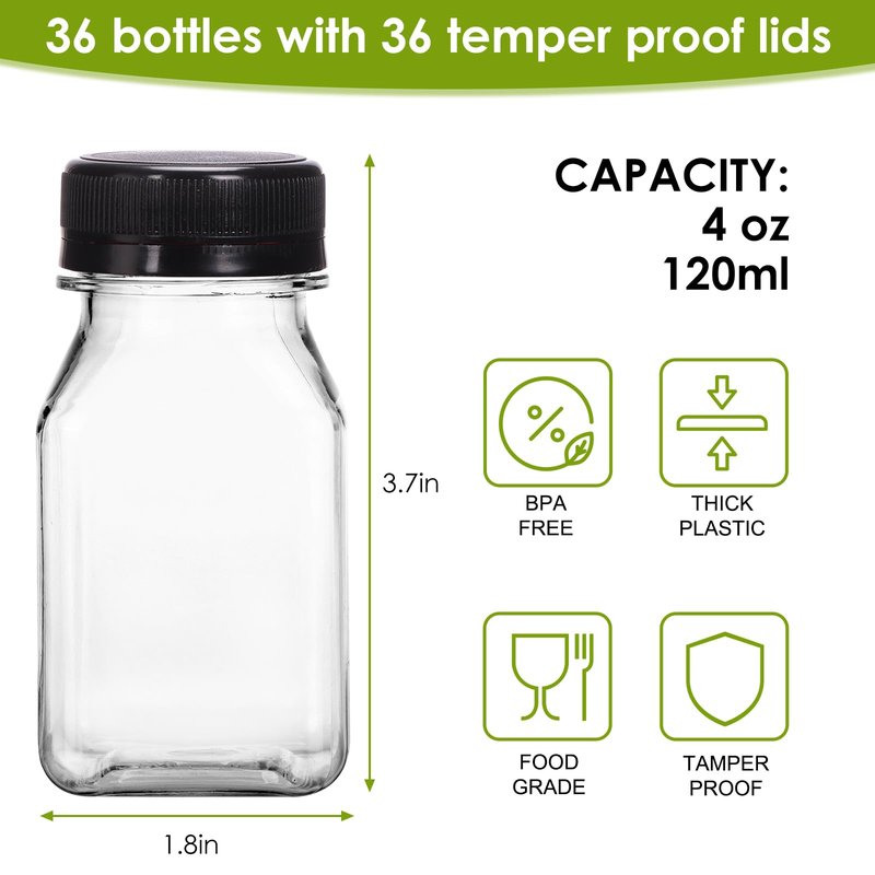 Moretoes 36pcs 4oz Juice Bottles, Small Plastic Bottles with Caps, Reusable Clear Containers with Lids for Juicing, Smoothie and Other Beverages