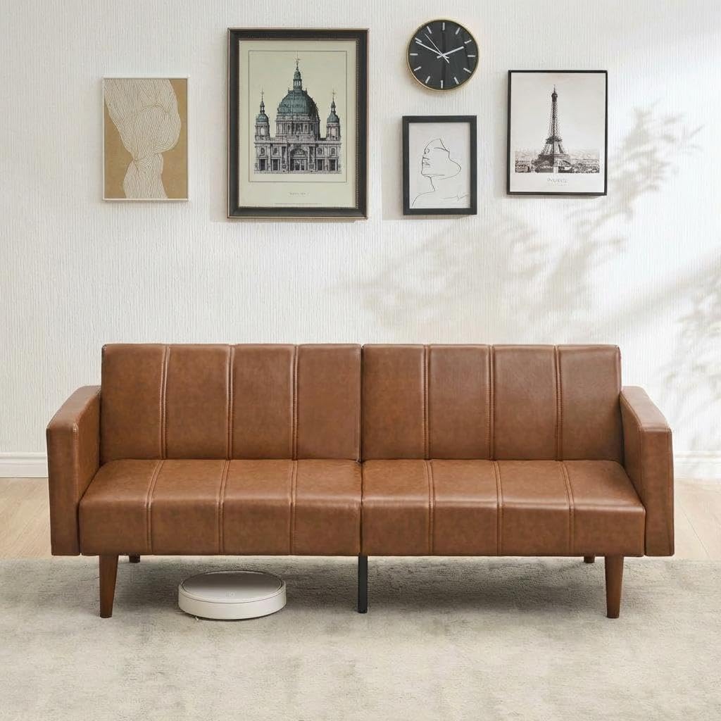 Garvee Modern Futon Sofa Bed, Convertible 75" Sleeper with Adjustable Backrest & Side Pockets, Mid-Century Brown PU Leather