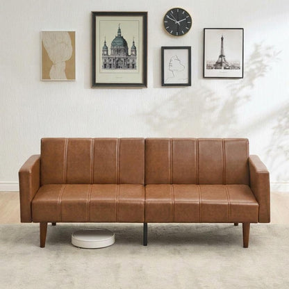 Garvee Modern Futon Sofa Bed, Convertible 75" Sleeper with Adjustable Backrest & Side Pockets, Mid-Century Brown PU Leather