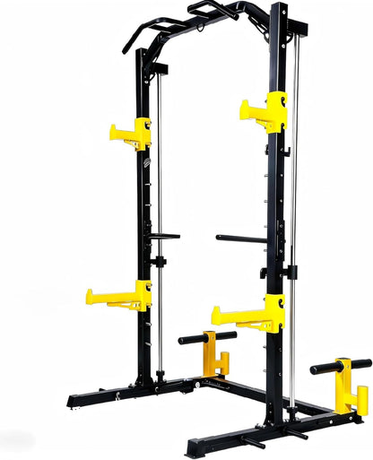 Fitvids Smith Machine Power Cage, 2000lb Multi-Function Squat Rack with Weight Plate Storage, J Hooks, T-Bar Row Platform & Multiple Grip Handles for Home Gym Strength Training