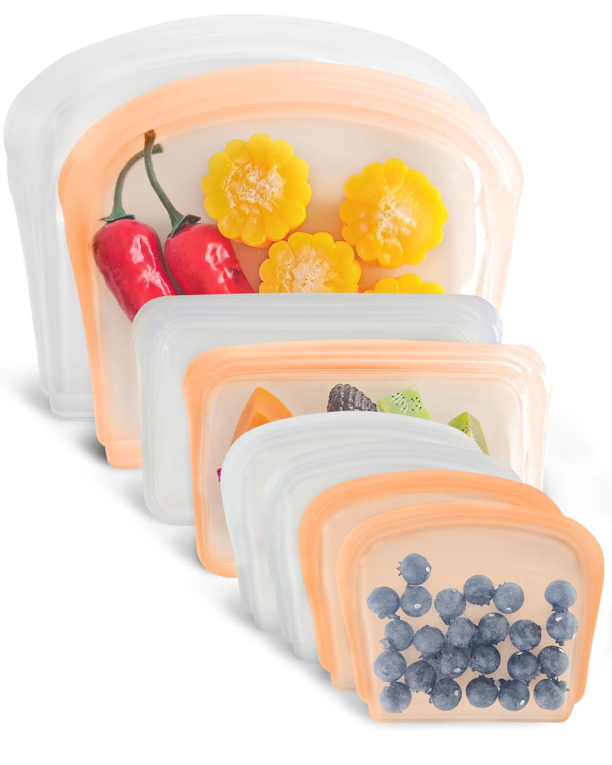 DGitaor Reusable Silicone Storage Bag, 8Pack Pocket, Snack, and Sandwich Bag, Endurables Seal-Top Silicone Bags for Food Storage, Freezer, Microwave, Oven, Dishwasher Safe (Clear & Peach)