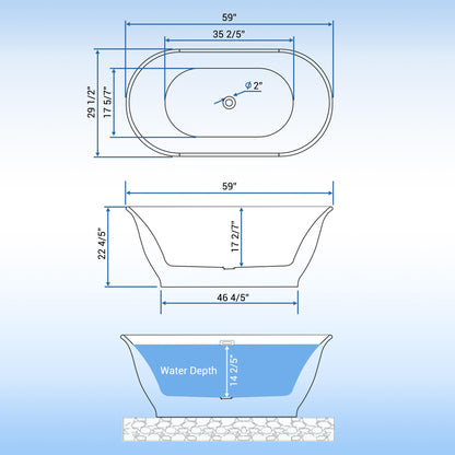 59 inch Acrylic Oval Rim Freestanding Bathtub, Full White, Comfort Soaking Tub for Home Spa & Muscle Recovery, Pop-Up Chrome Drain, Free Standing Bathtub for Bathroom