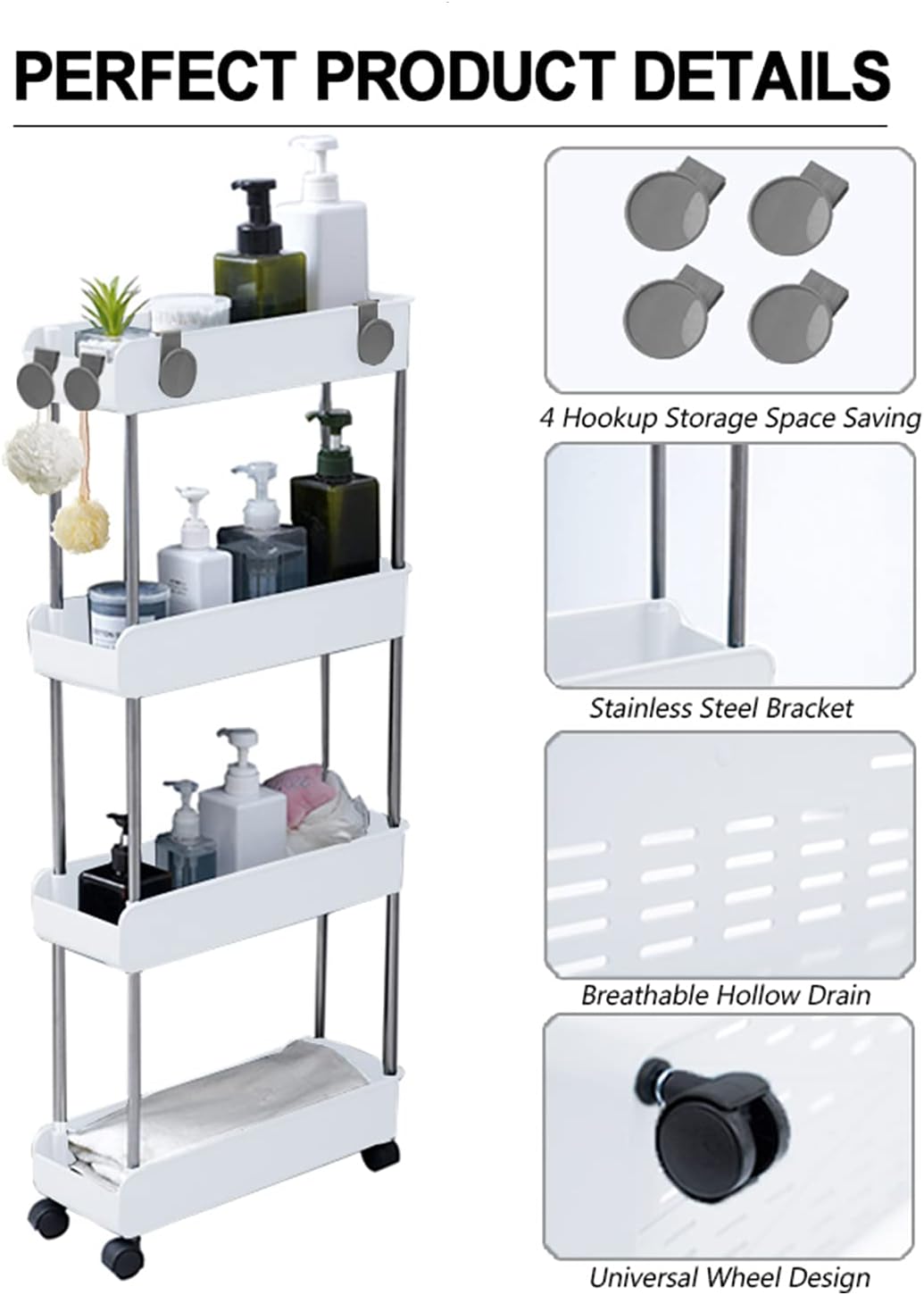 4-Tier Melody House Slim Mobile Shelving Unit on Wheels, Slide Out Rolling Bathroom Storage Organizer, Utility Carts