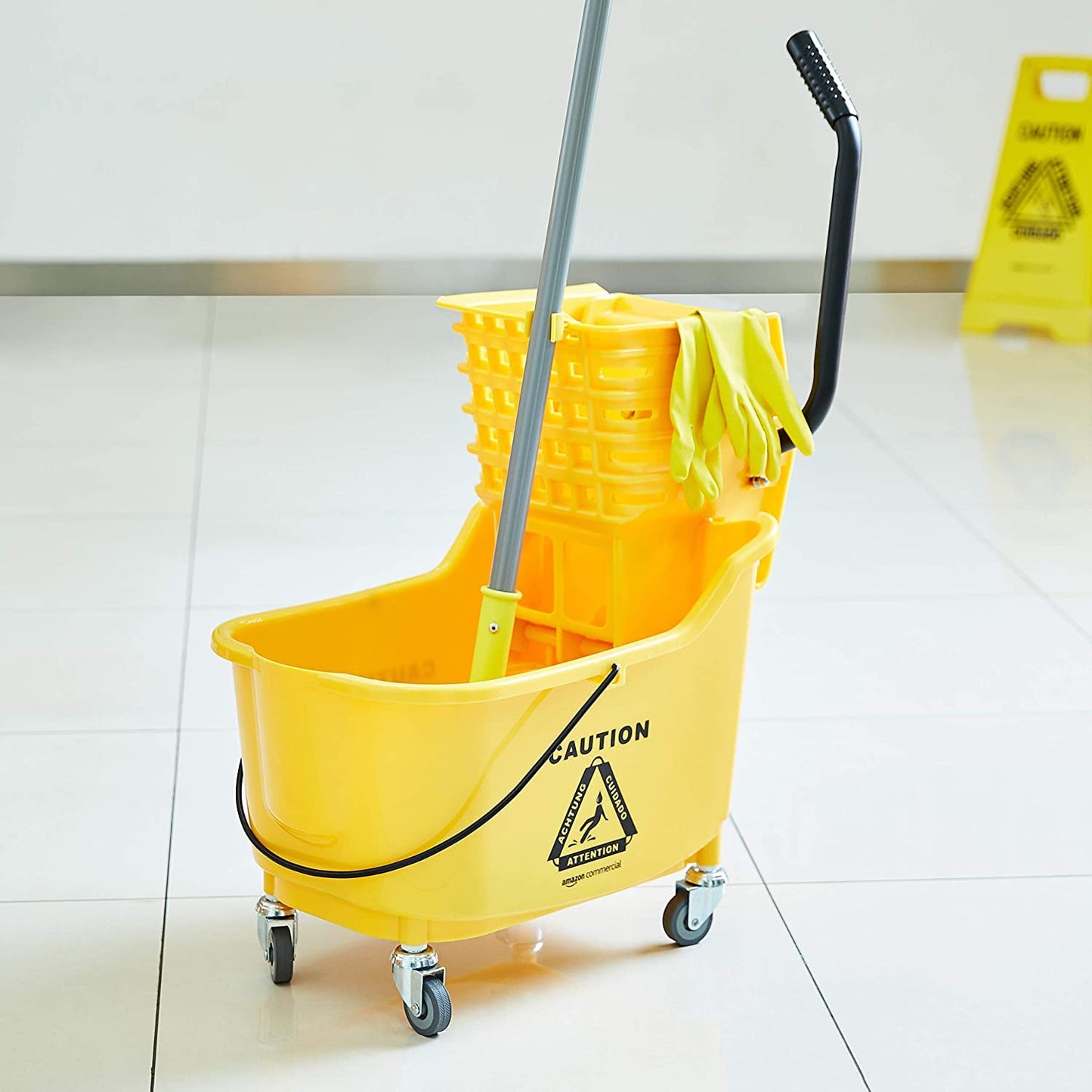 Amazon Basics Commercial Side Press Wringer Floor Cleaning Mop Bucket on Wheels, 35-Quart, Yellow