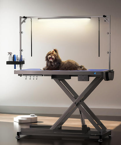 POLIMO LED Professional Electric Dog Grooming Table - 50" Heavy Duty Dog Grooming Station with LED, Button & Foot Control, Grooming Arm, Leveling Wheels, Anti-Slip Top & Tool Organizer (50", White)