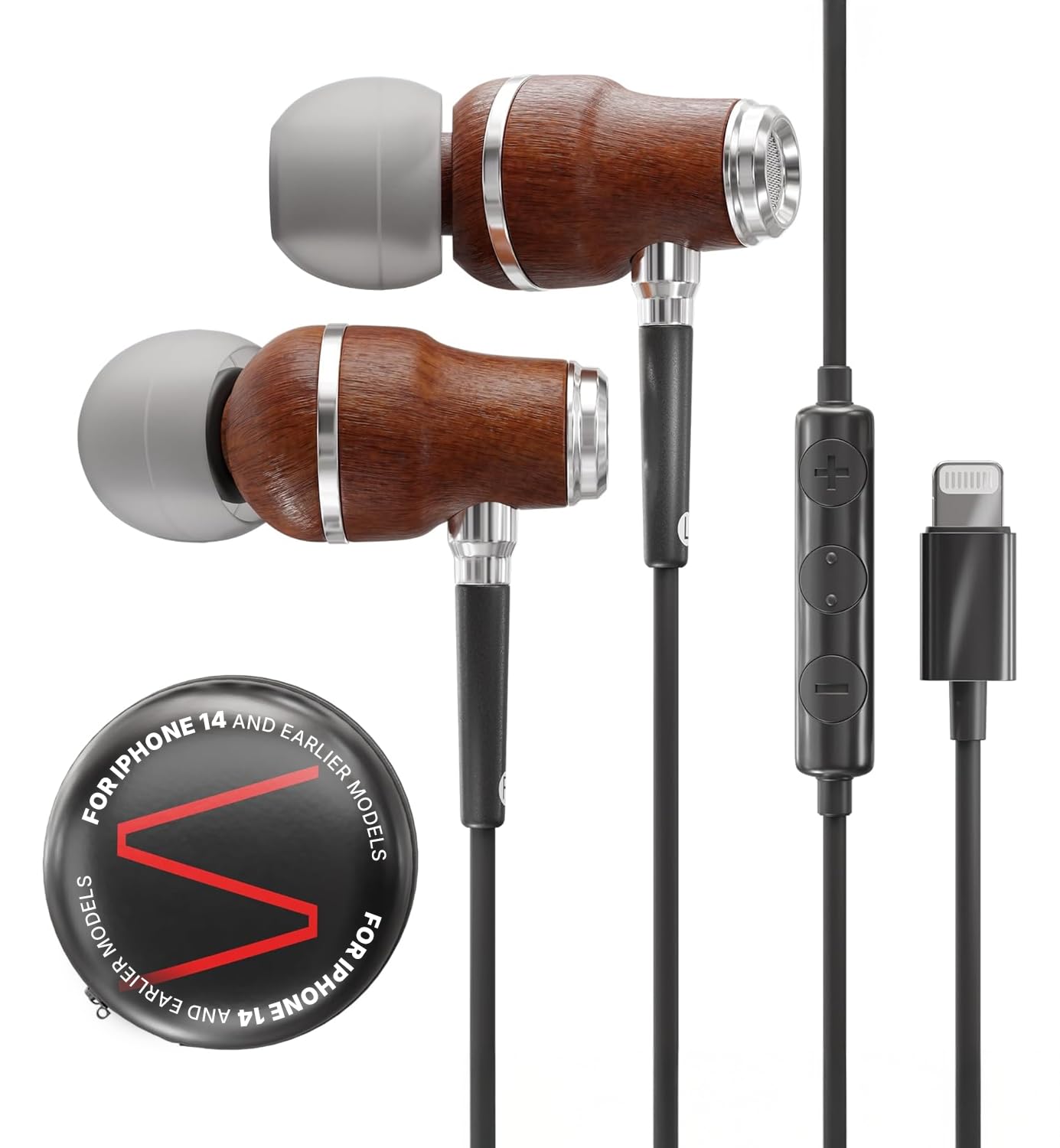 Symphonized iPhone Earphones Wired Deep Bass Sound, 3D Sound, Microphone Volume Control, 90% Noise Cancelling, Bubinga Wooden with Lightning (Apple MFI Certified), iPhone SE to 14 Earbuds (Black)
