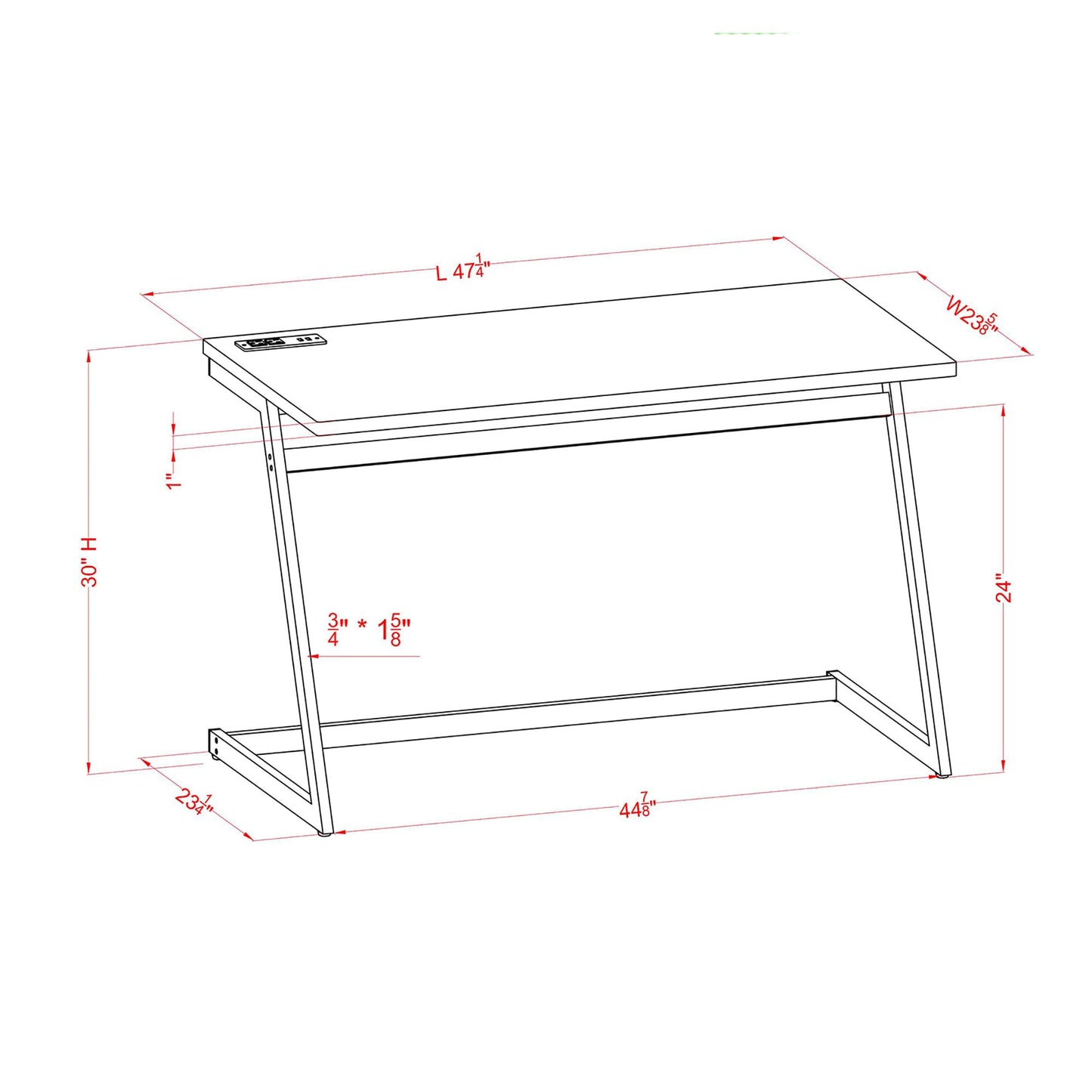 24/7 Shop at Home Ruthetta Modern Metal Writing Desk with USB Port, Power Outlet for Workstation, Home Office, Study Room, Glossy Black and Brass