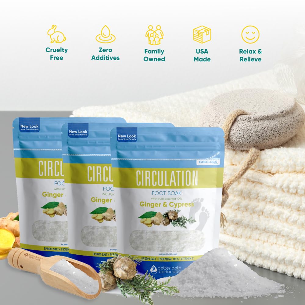 Circulation Foot Soak 32 Ounces (2 Lbs) Epsom Salt with Pure Essential Oils Ginger and Cypress Essential Oils Plus Vitamin C in BPA Free Pouch with Easy Press Lock Seal