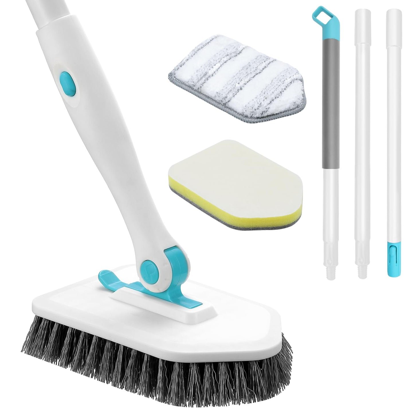 nacena Shower Scrubber with Long Handle, 3 in 1 Tile Tub Scrubber Brush with 3 Detachable Cleaning Heads Adjustable Handle Shower Cleaner Brush for Bathroom, Kitchen, Toilet, Wall, Sink, Blue White