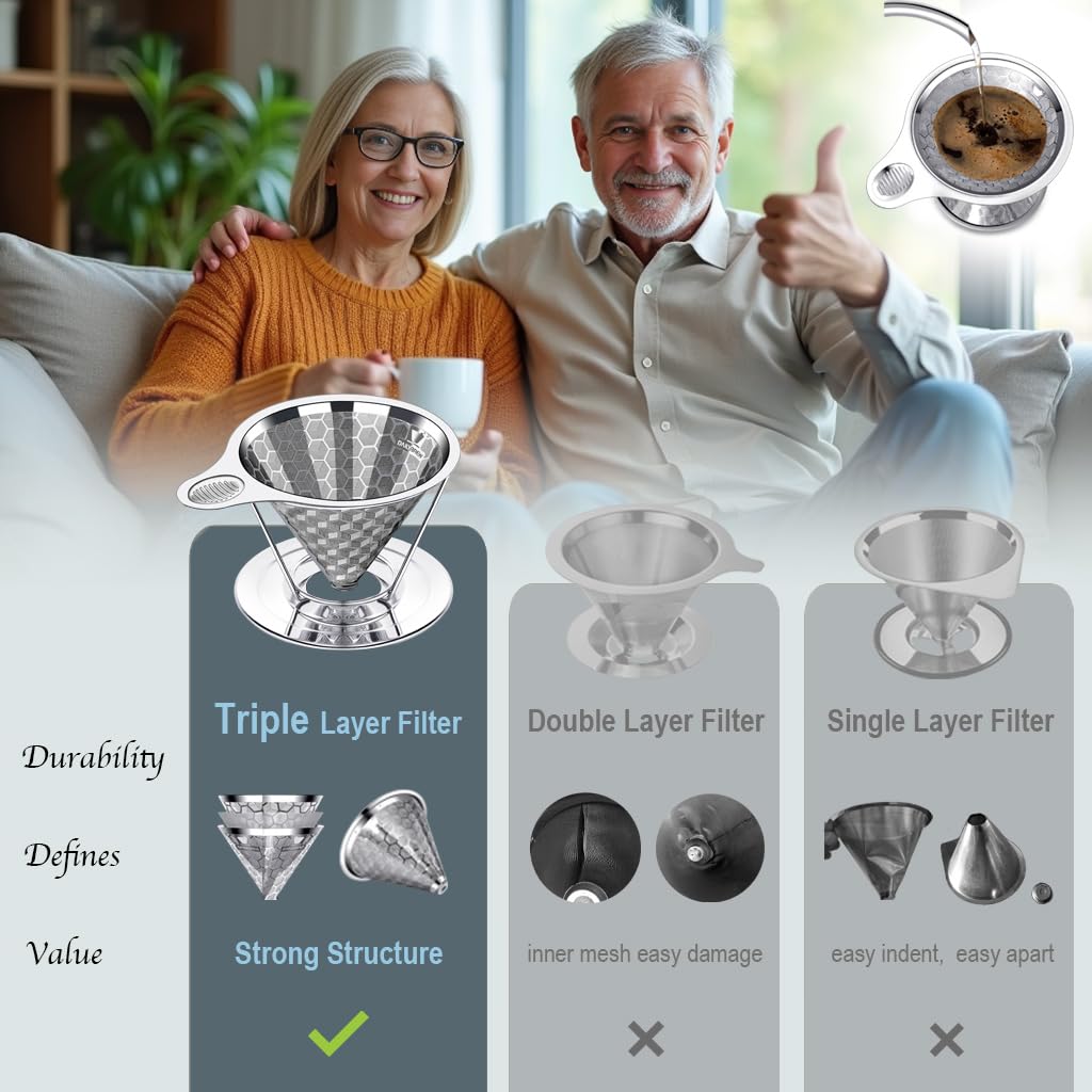 dailybrew Pour over Coffee Dripper, Triple Layer Stainless Steel Cone Coffee Filter, 4 Cup Non-Electric Manual Portable Drip Coffee Maker, Metal Cone Cafe Coffee Dripper