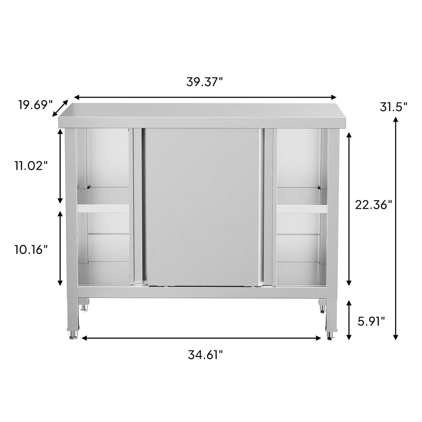 ROVSUN Stainless Steel Table with Cabinet 39 x 19 inches, NSF Commercial Heavy Duty Kitchen Table for Prep & Work, Kitchen Cabinet with 2 Sliding Doors for Restaurant, Home, Hotel, Garage, Laundry