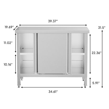 ROVSUN Stainless Steel Table with Cabinet 39 x 19 inches, NSF Commercial Heavy Duty Kitchen Table for Prep & Work, Kitchen Cabinet with 2 Sliding Doors for Restaurant, Home, Hotel, Garage, Laundry